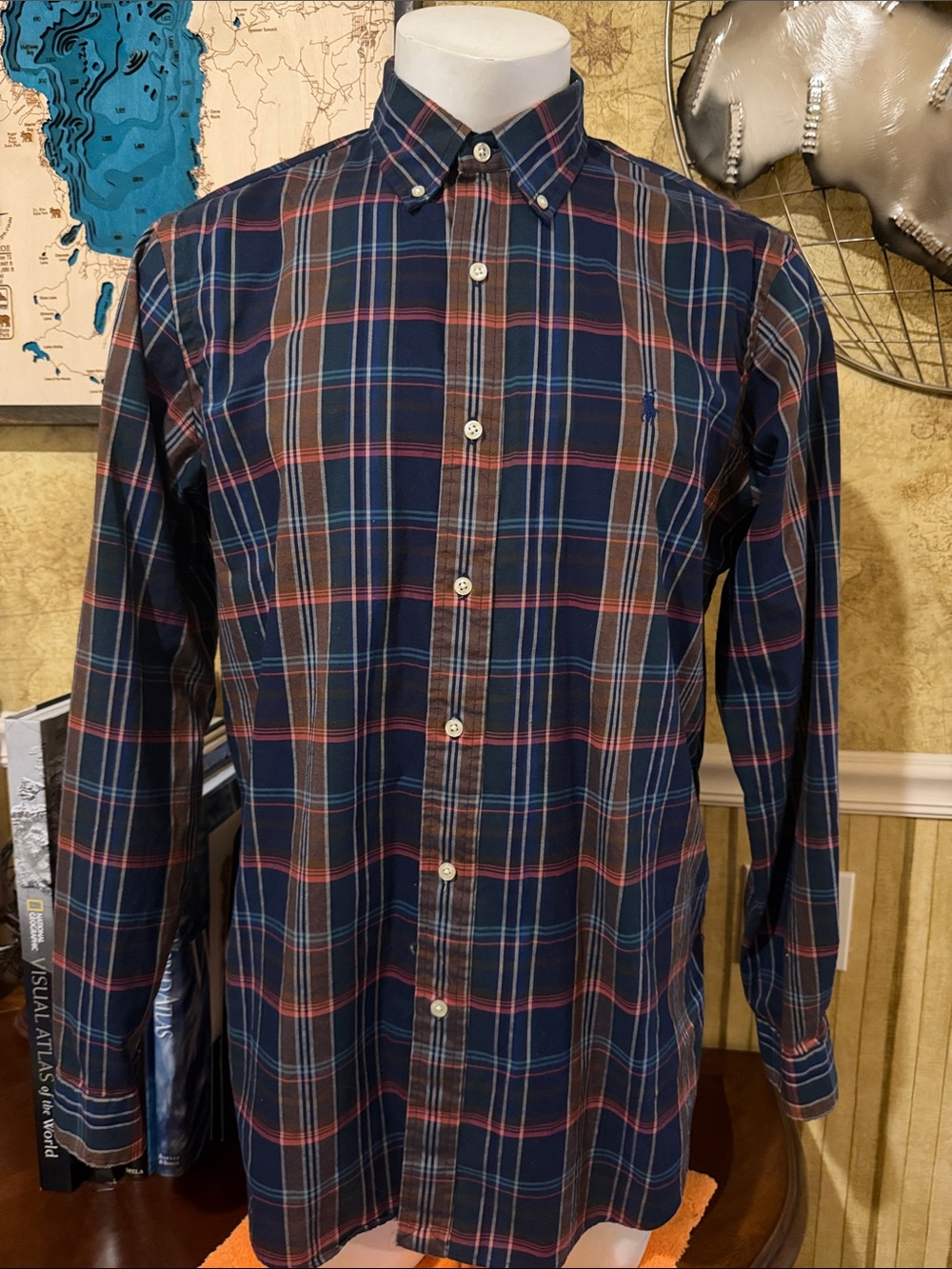 Polo by Ralph Lauren Classic Fit Large Navy and Brown Plaid Button-Down Shirt.
